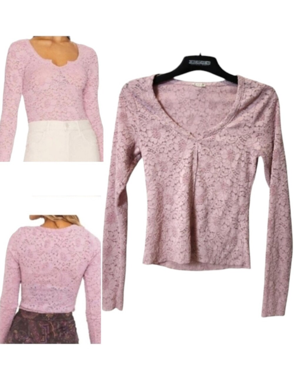 Free People Womens Cloud Ride Notch Long Sleeve Lace Top Dusty Rose Pink Shirt S
